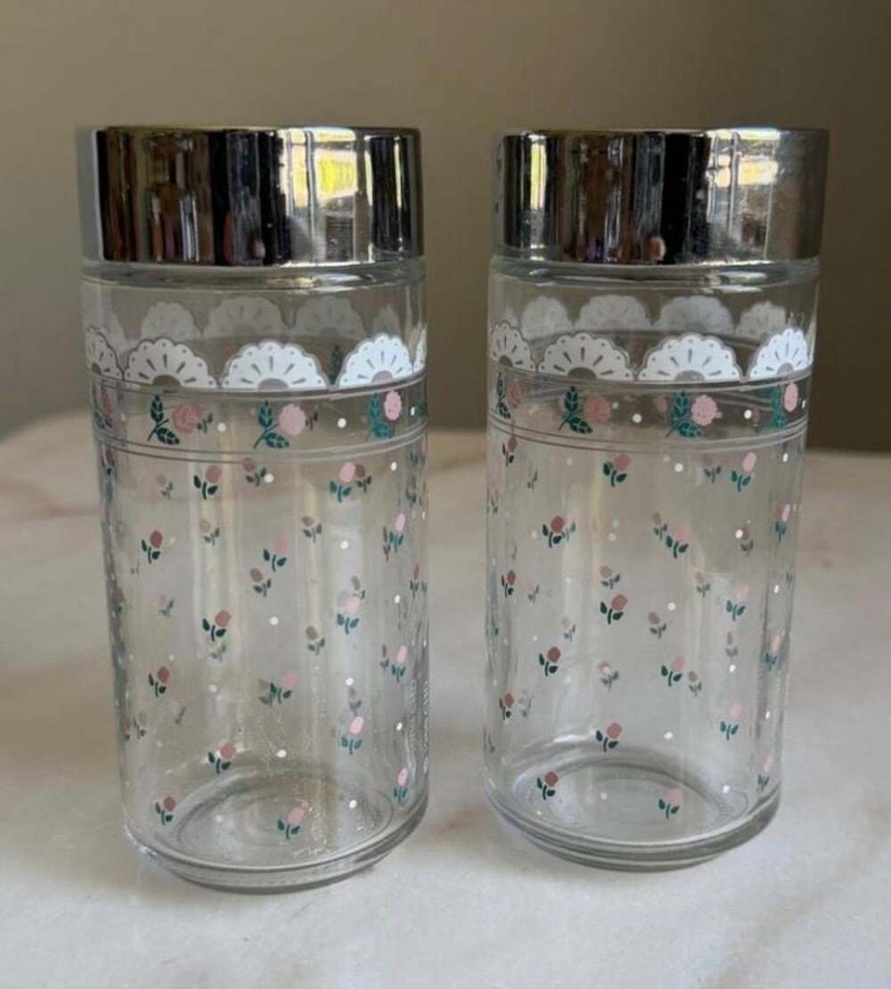 Vintage Hazel Atlas Pink Rose Floral Glass Salt & Pepper Shakers w/ Chrome Lids